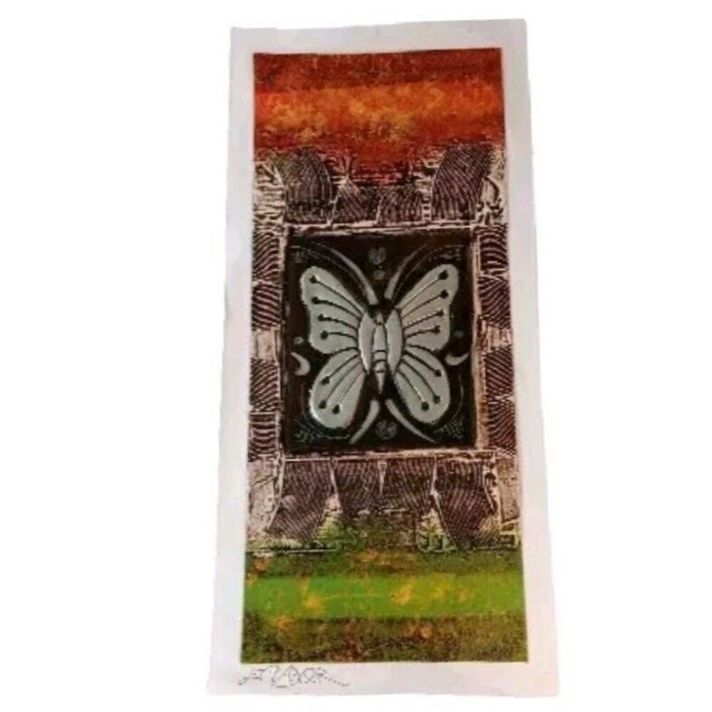 Butterfly Painting Embossed Metal Aluminum Ecuador Silver Green Brown 14" x 6.5"
